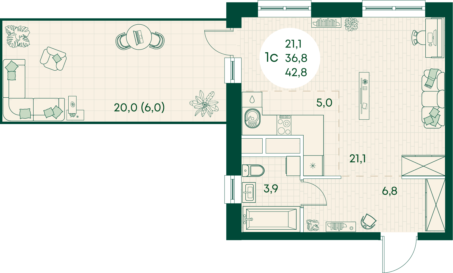 Планировка Студия 42,8 м²