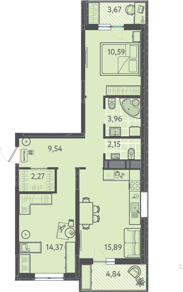Планировка: 2-комн. квартира 62,9 м²