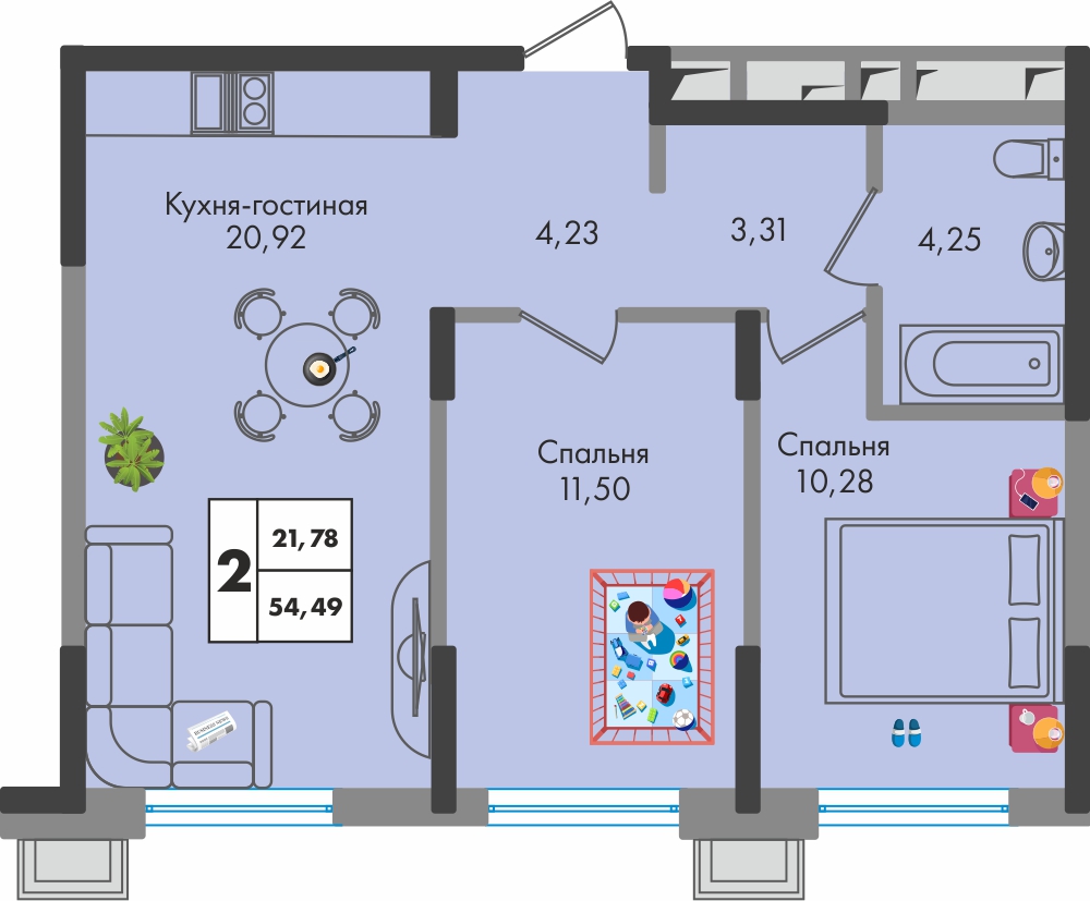 Планировка: 2-комн. квартира 54,5 м²