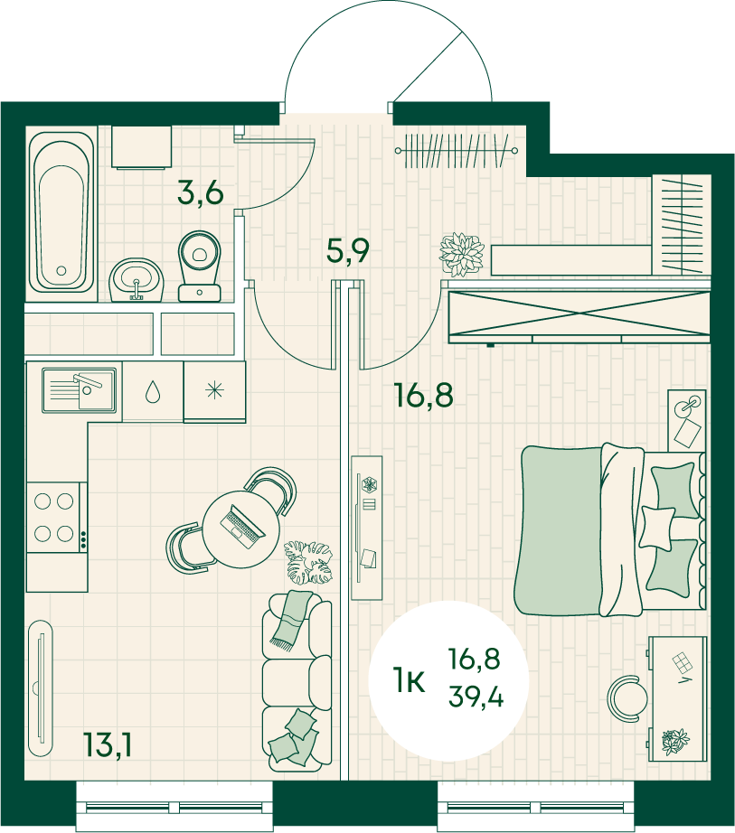 Планировка 1-комнатная 39,4 м²