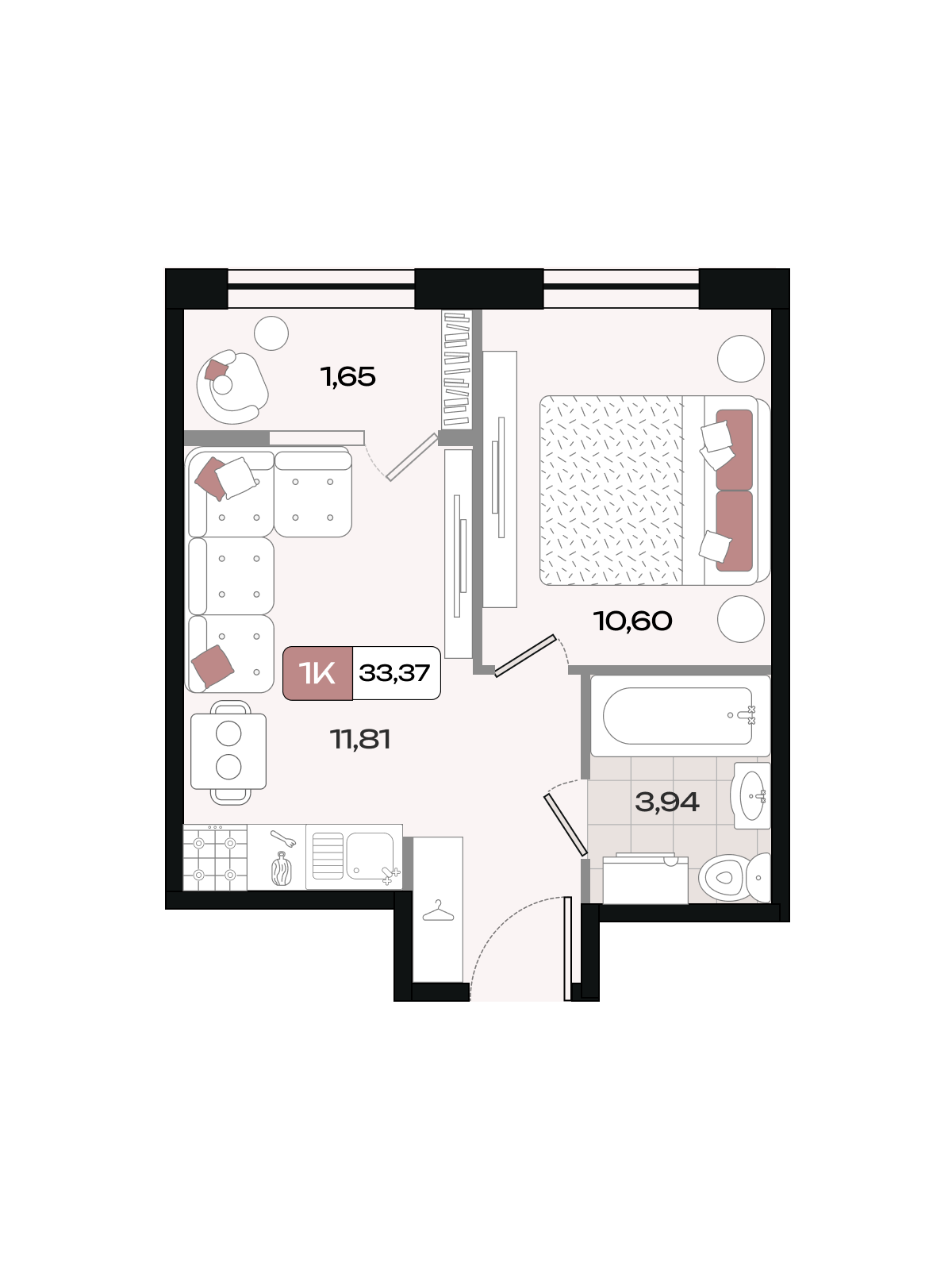 Планировка 1-комнатная 33,37 м²