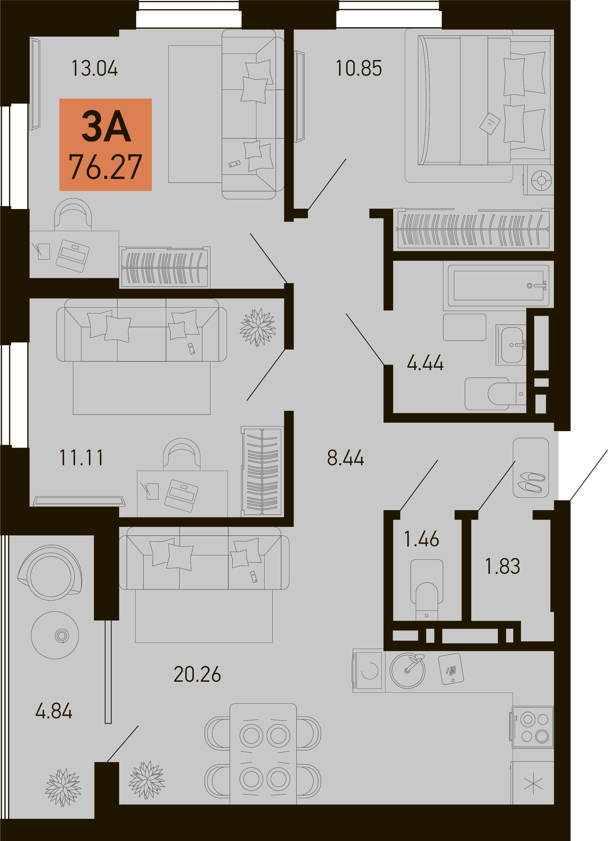 Планировка 3-комнатная 76,27 м²