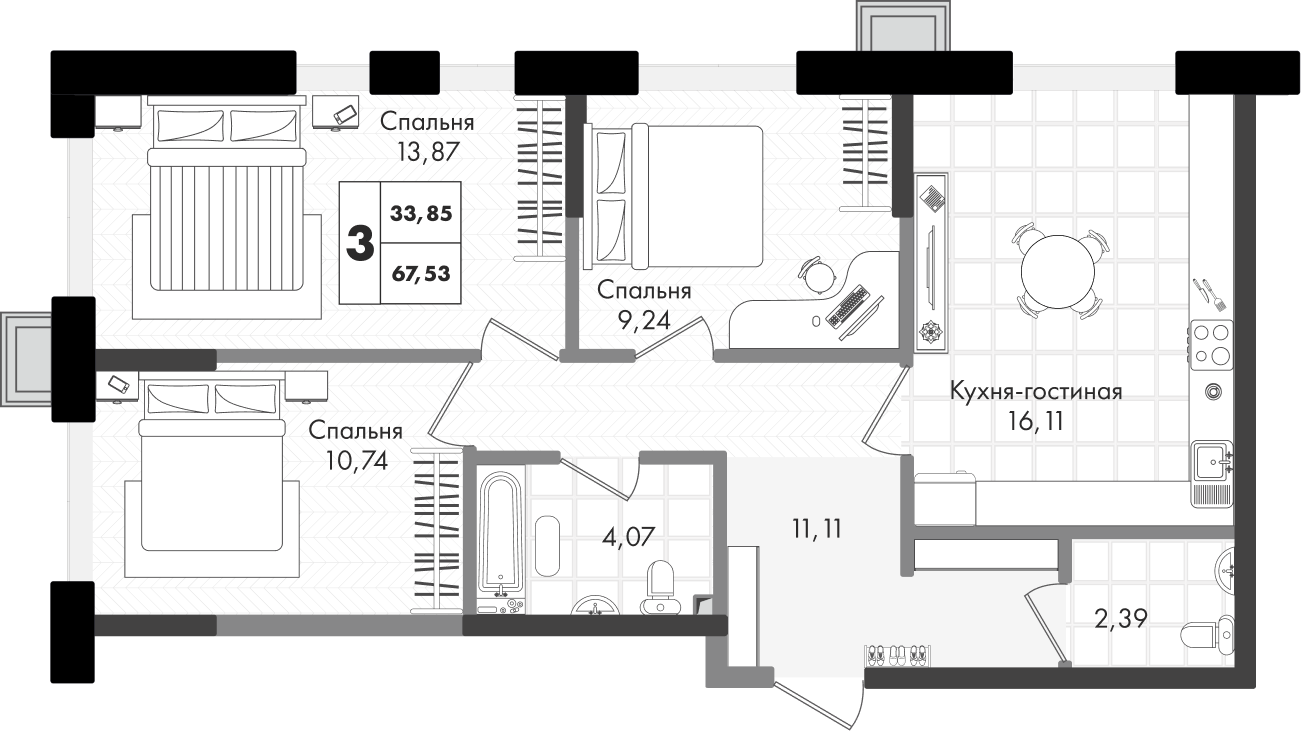 Планировка: 3-комн. квартира 67,5 м²