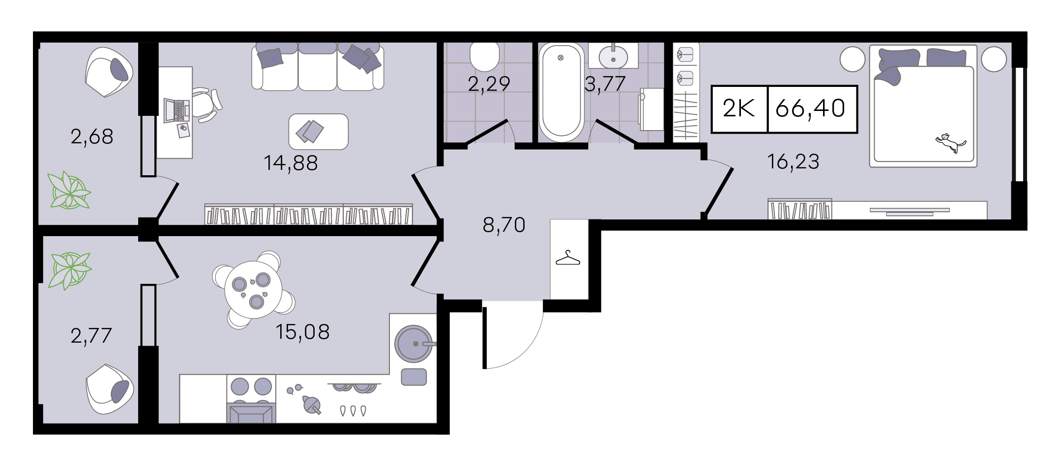 Планировка: 2-комн. квартира 66,4 м²