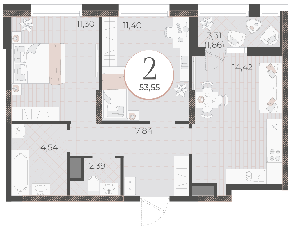 Планировка 2-комнатная 53,55 м²