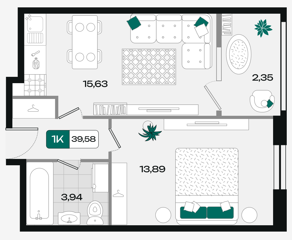 Планировка: 1-комн. квартира 39,6 м²