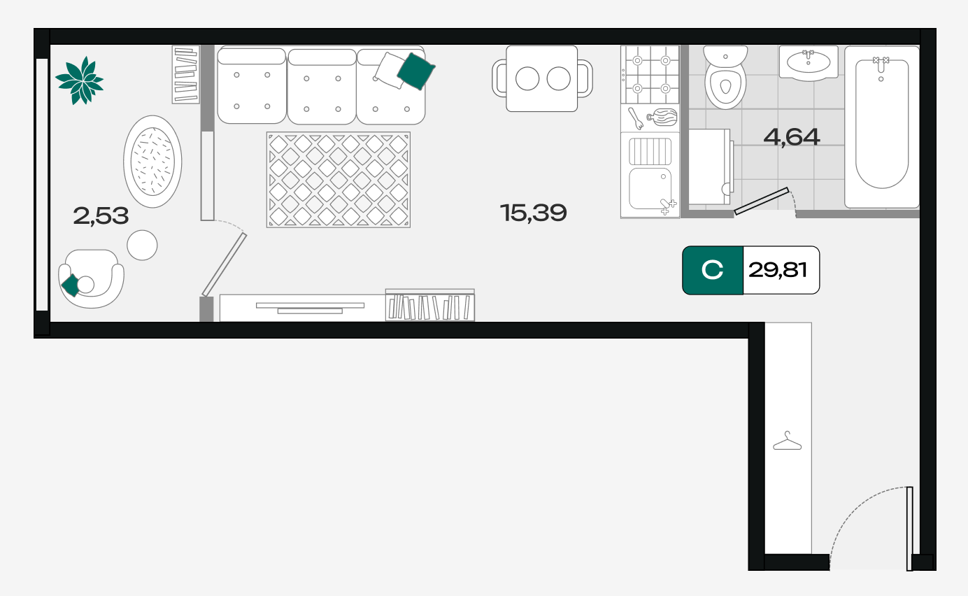 Планировка: Студия 29,8 м²