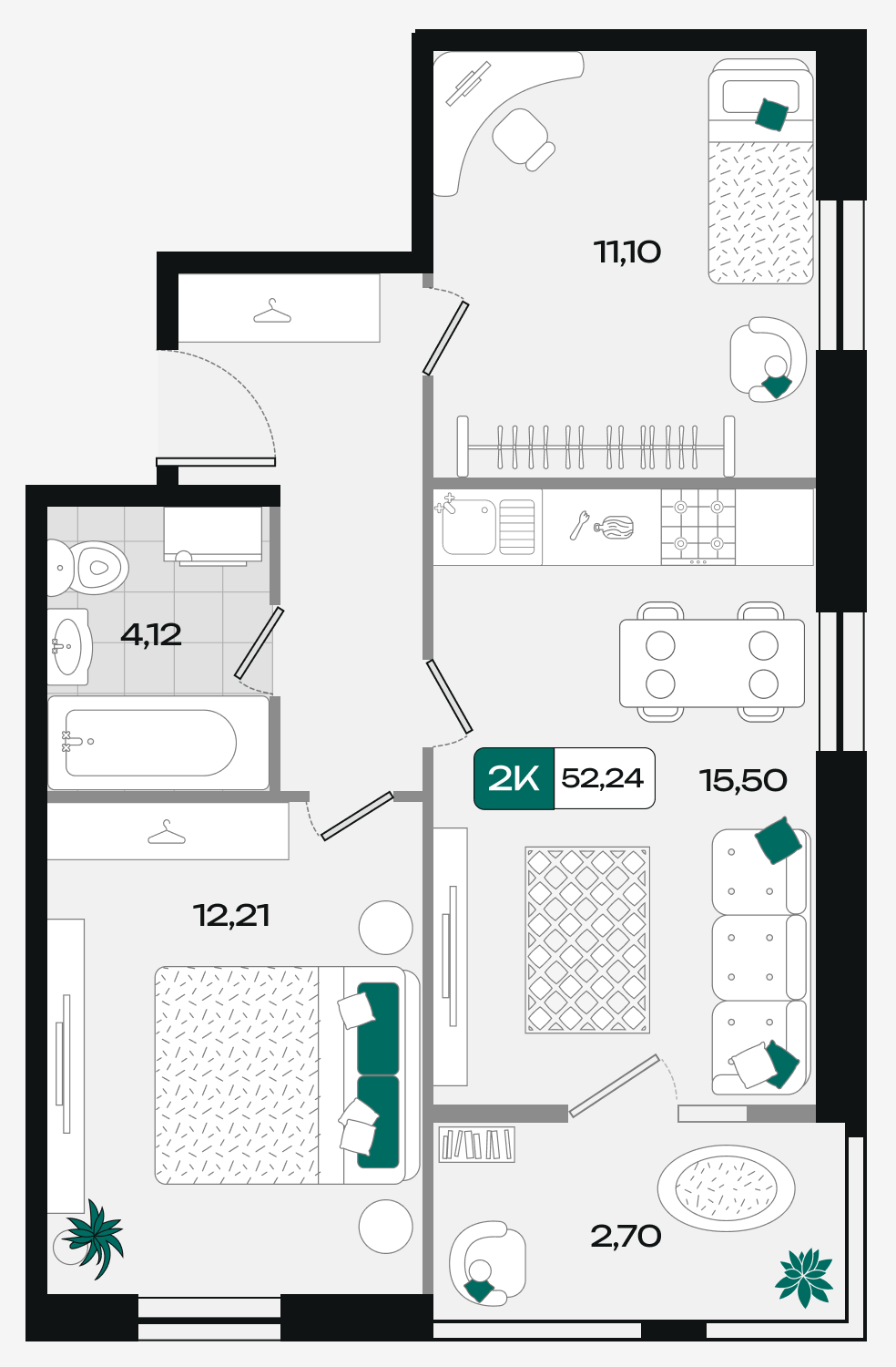 Планировка 2-комнатная 52,24 м²