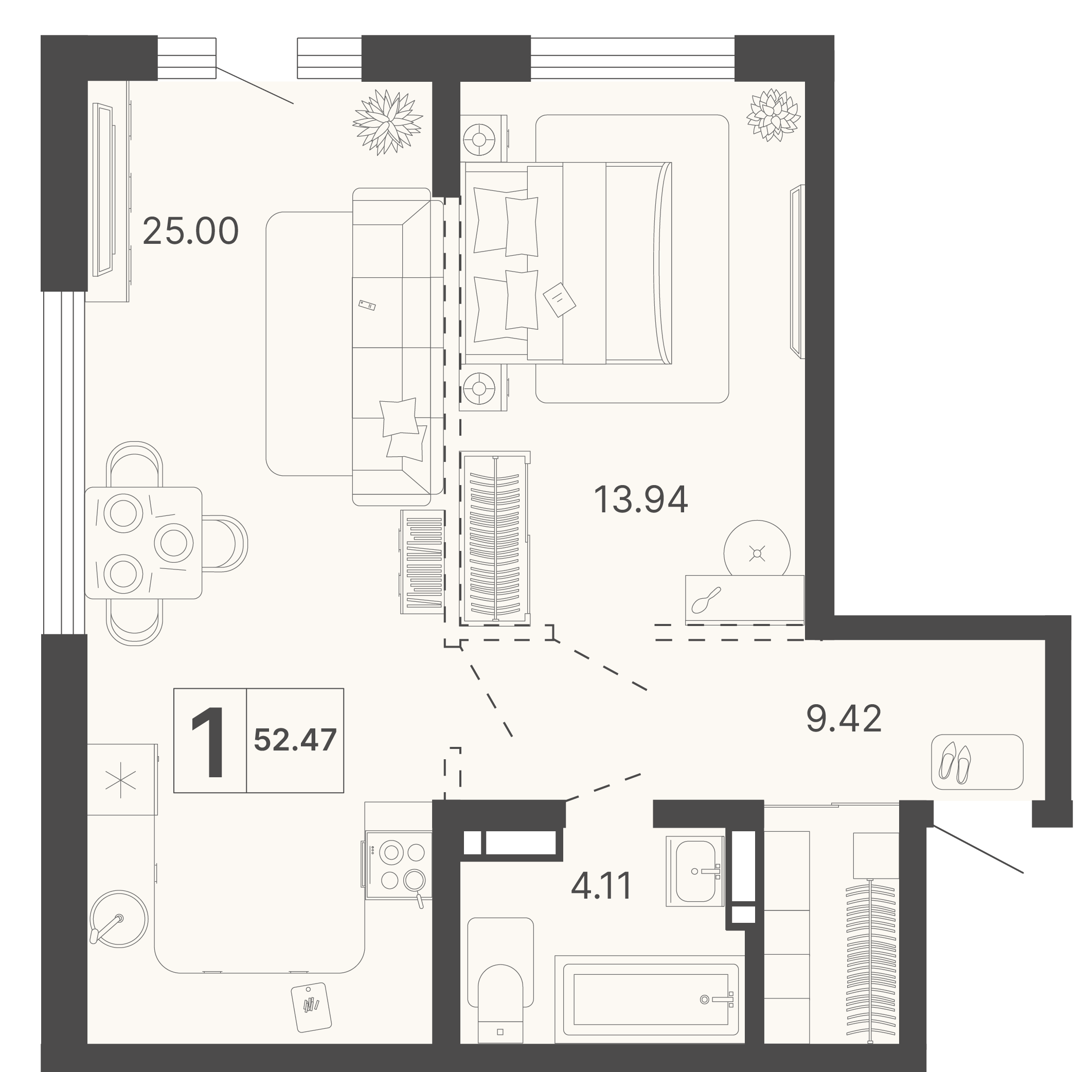 Планировка 1-комнатная 52,47 м²