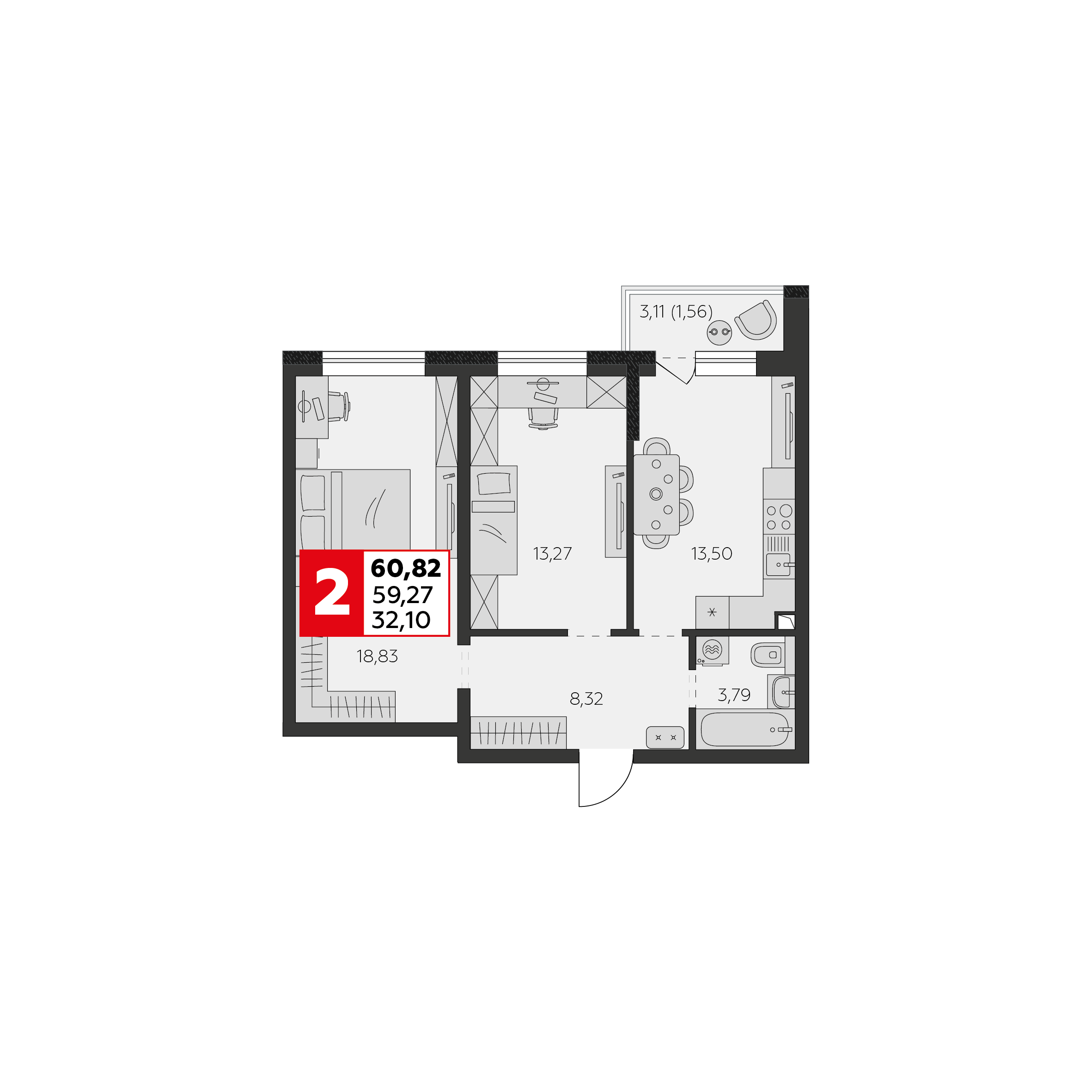 Планировка 2-комнатная 59,27 м²