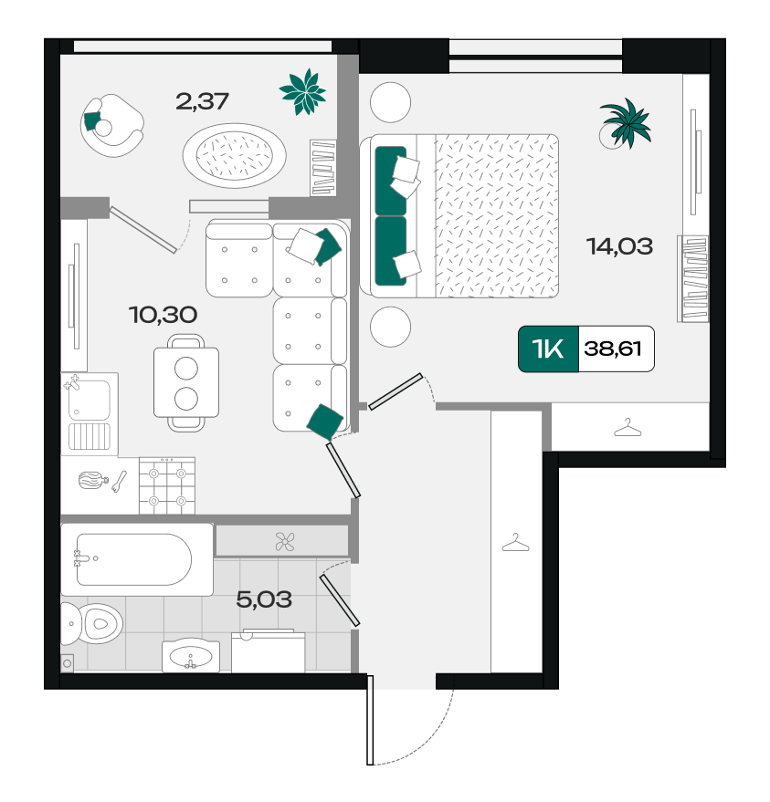 Планировка: 1-комн. квартира 38,6 м²