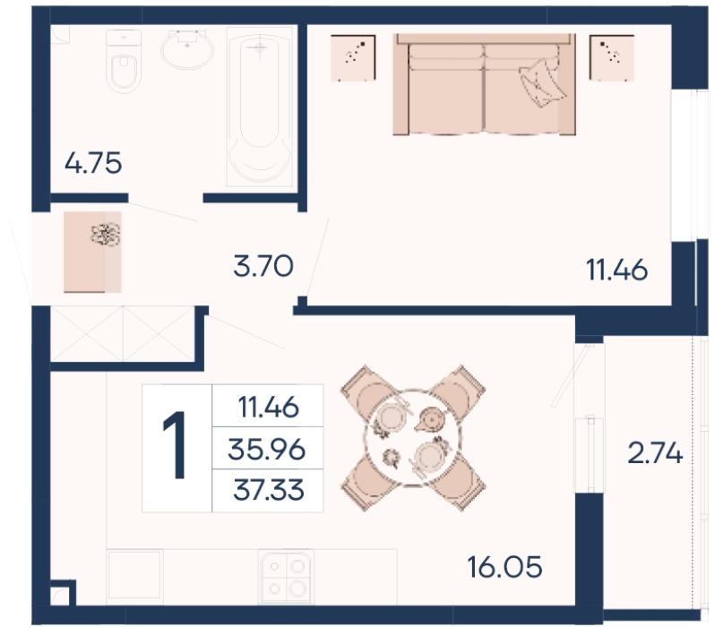 Планировка 1-комнатная 37,33 м²