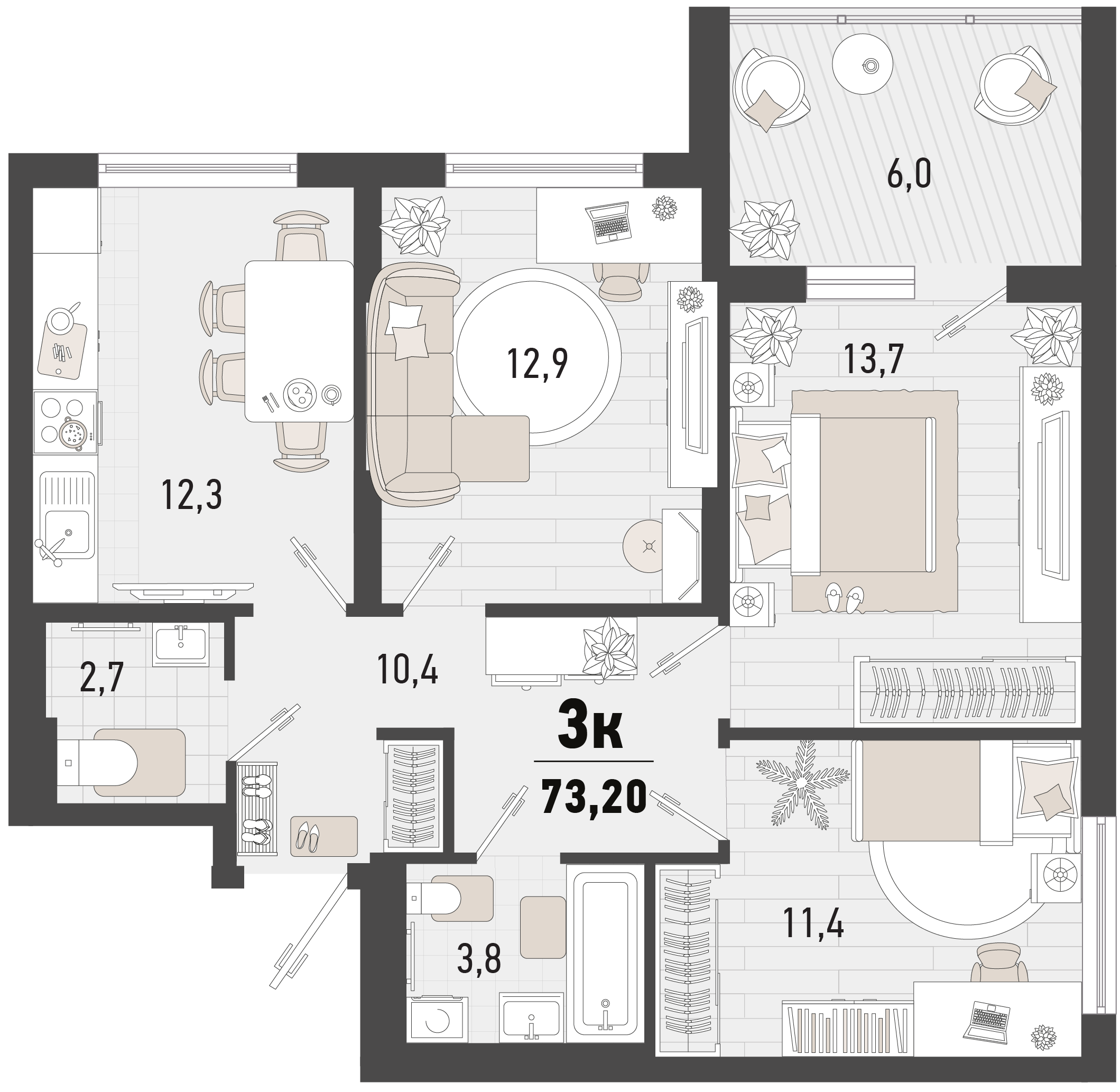 Планировка 3-комнатная 73,2 м²