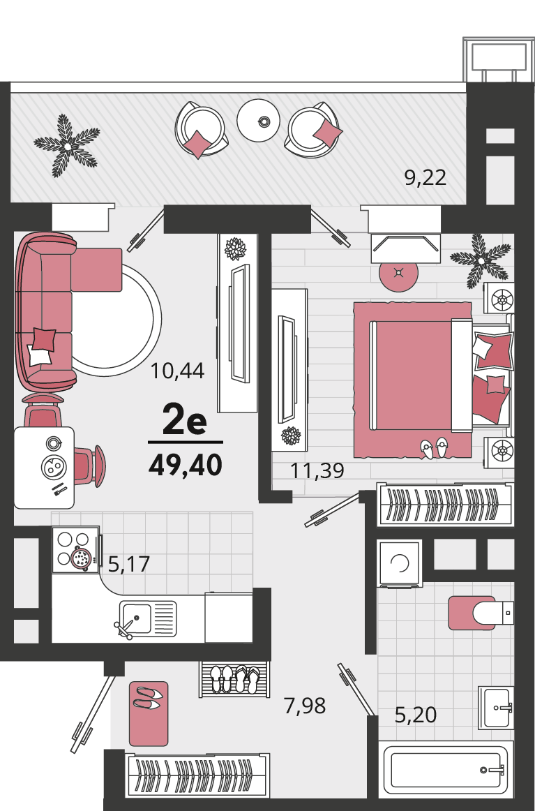 Планировка 2-комнатная 49,4 м²
