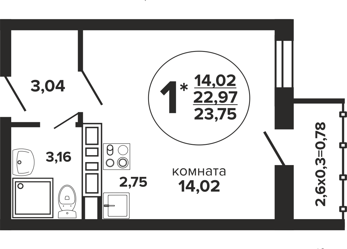 Планировка Студия 24 м²