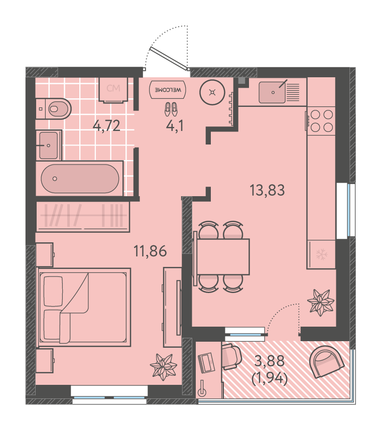 Планировка: 1-комн. квартира 37,4 м²