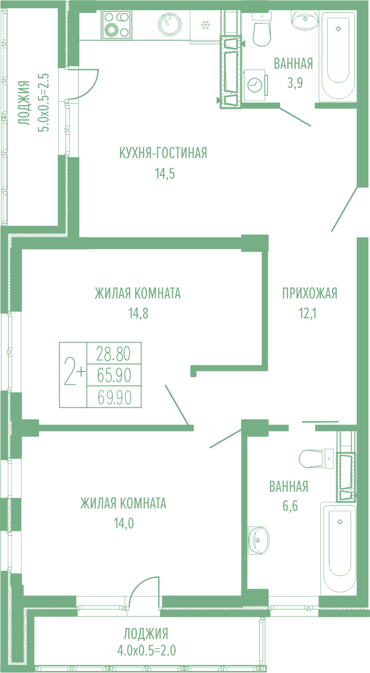 Планировка: 2-комн. квартира 72,4 м²