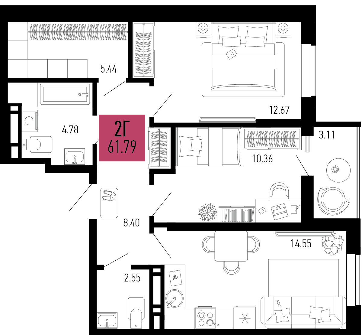 Планировка 2-комнатная 61,79 м²
