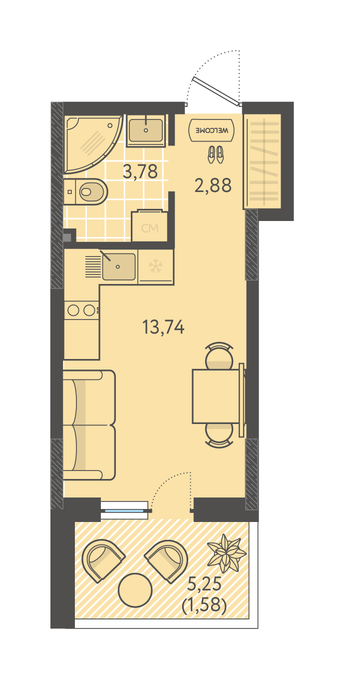 Планировка: Студия 22 м²