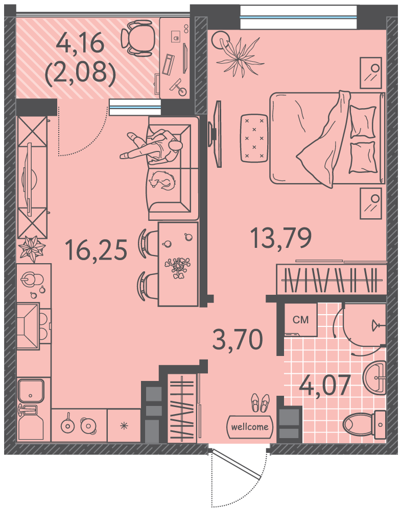 Планировка 1-комнатная 39,45 м²