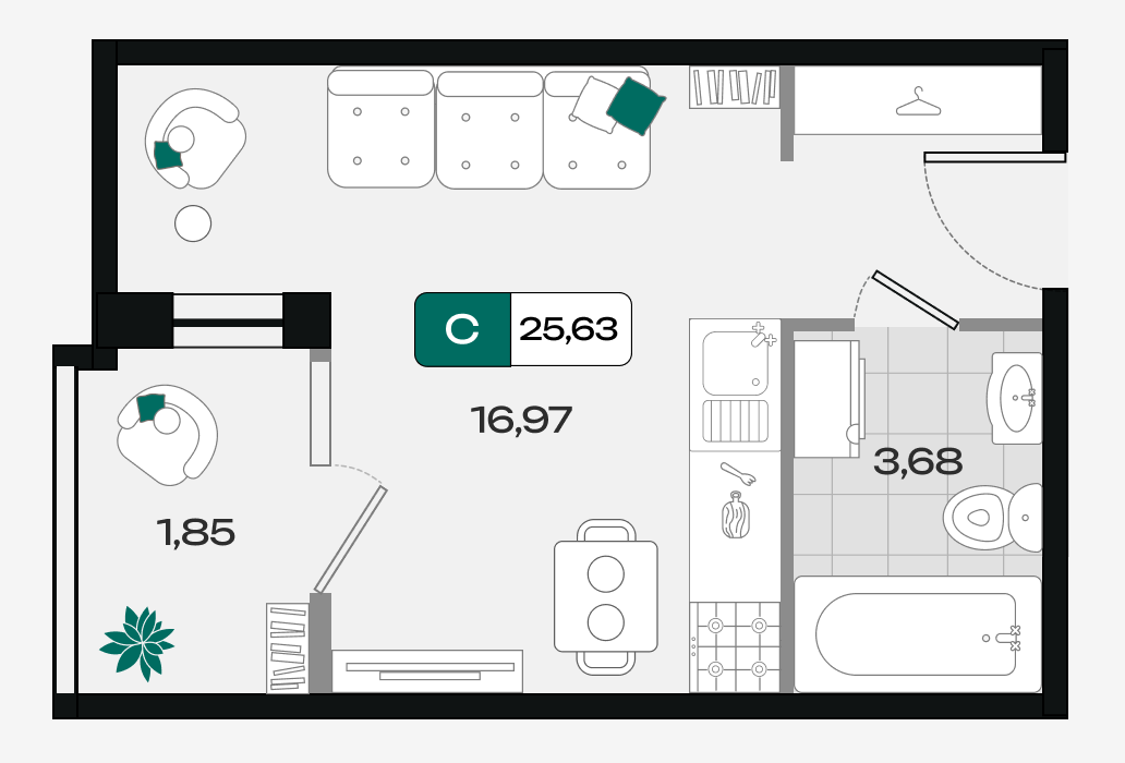 Планировка Студия 25,63 м²