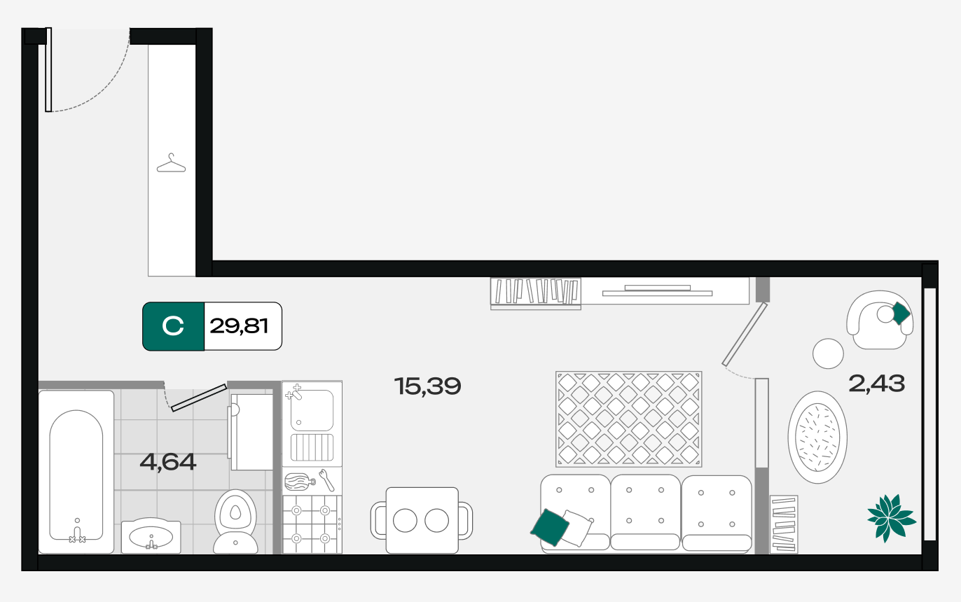 Планировка: Студия 29,8 м²