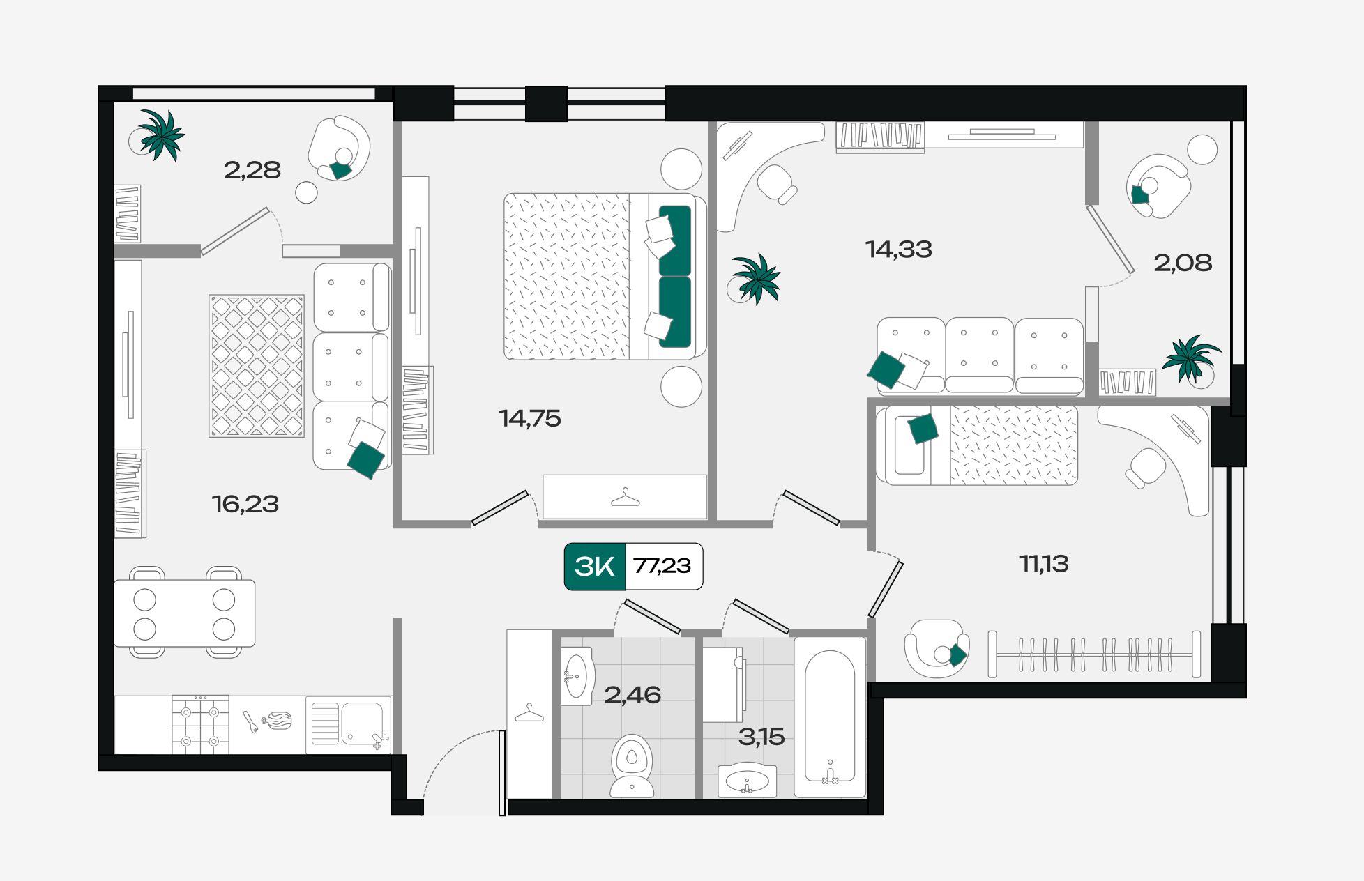 Планировка 3-комнатная 77,23 м²