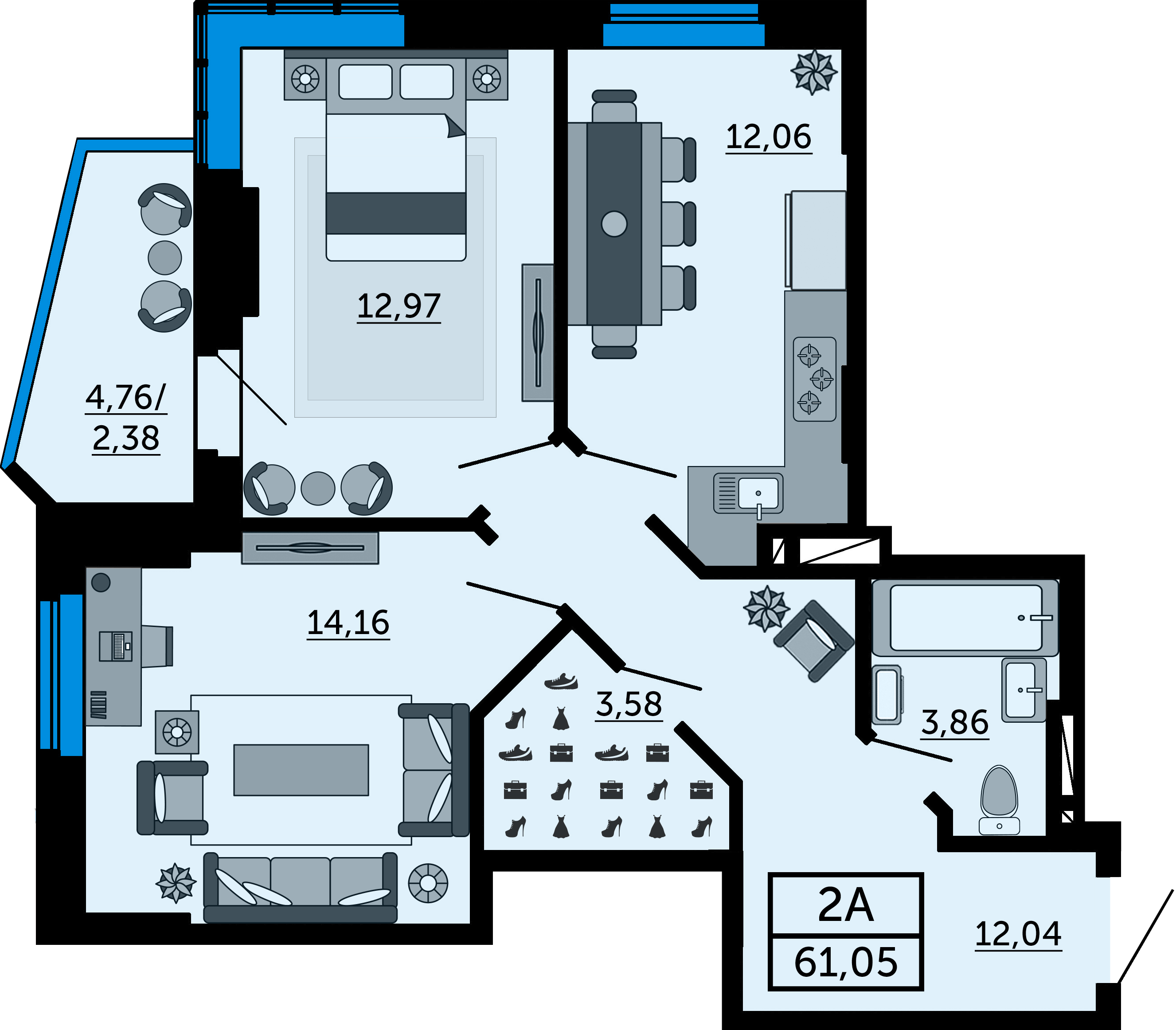 Планировка 2-комнатная 60,9 м²