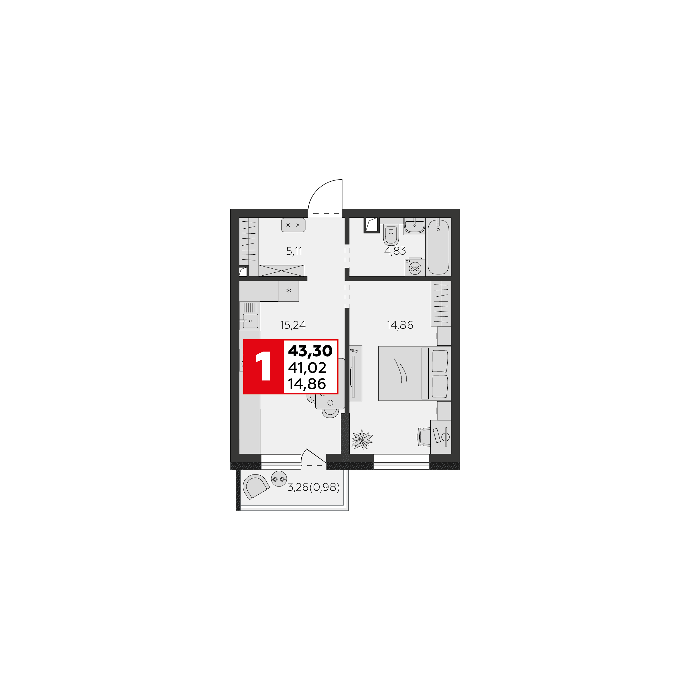 Планировка 2-комнатная 41,02 м²