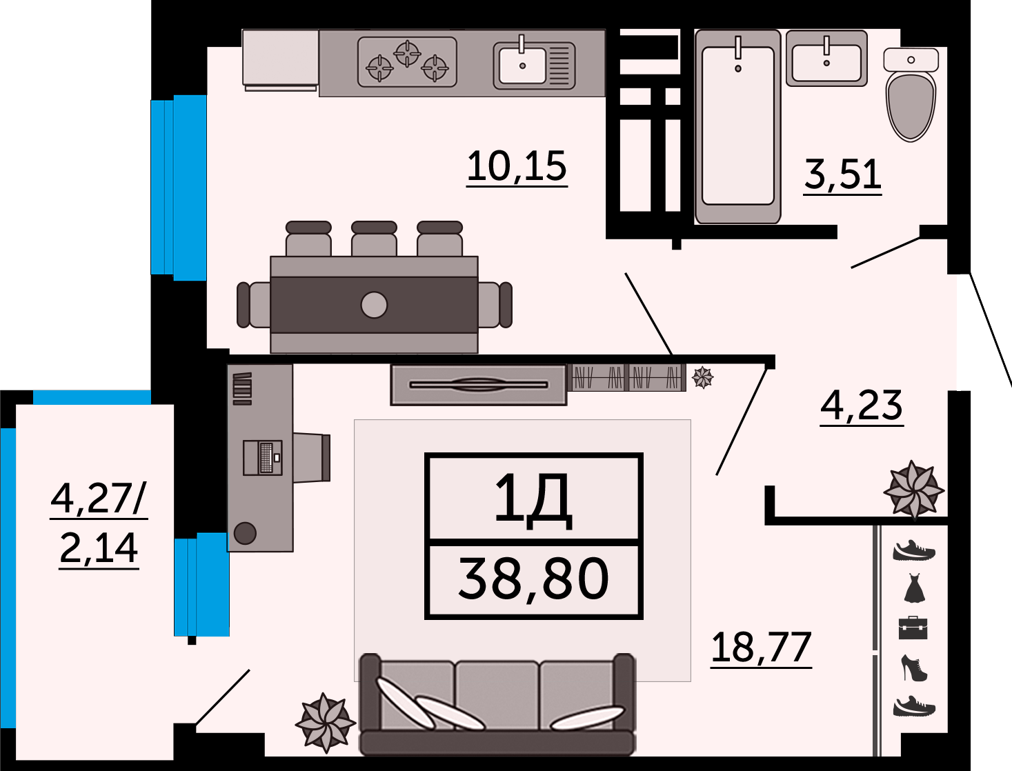 Планировка 1-комнатная 39,1 м²