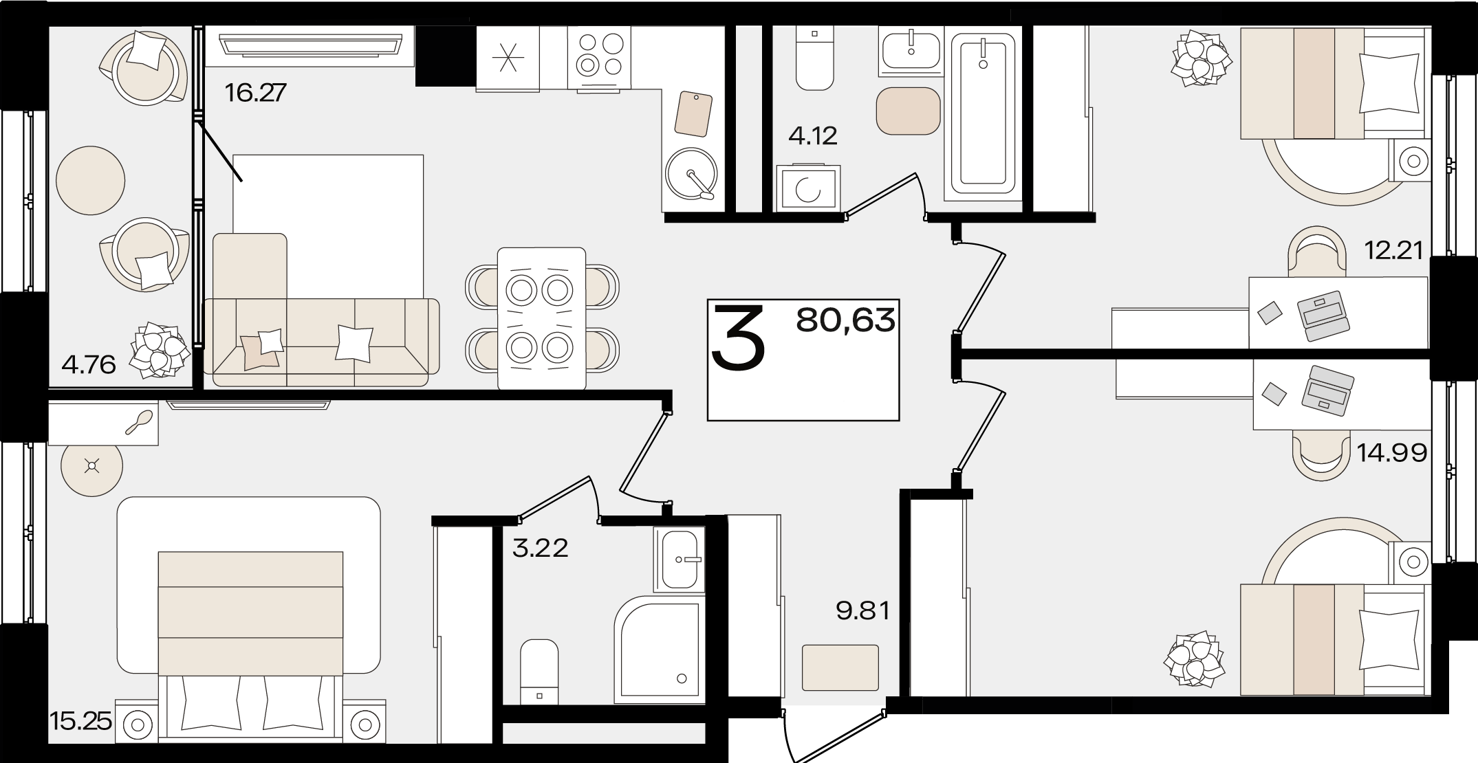 Планировка 3-комнатная 80,63 м²