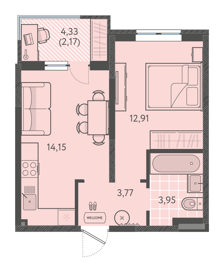 Планировка 1-комнатная 37,1 м²