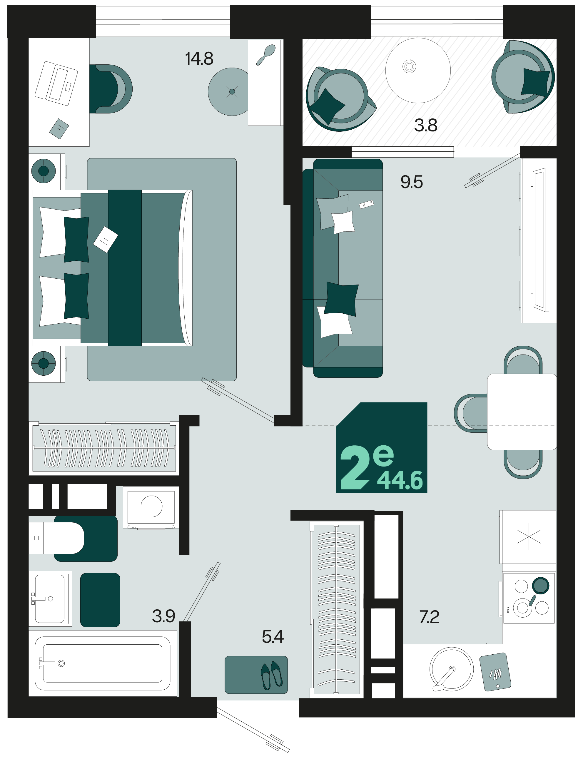 Планировка 2-комнатная 44,6 м²