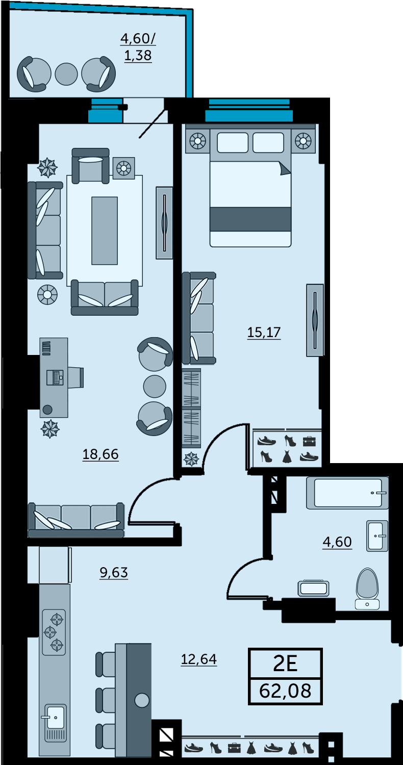 Планировка 2-комнатная 63 м²
