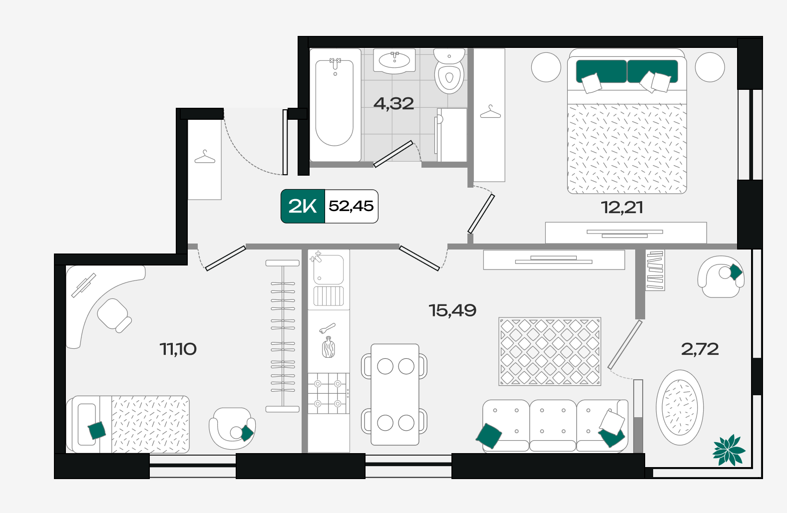 Планировка: 2-комн. квартира 52,5 м²