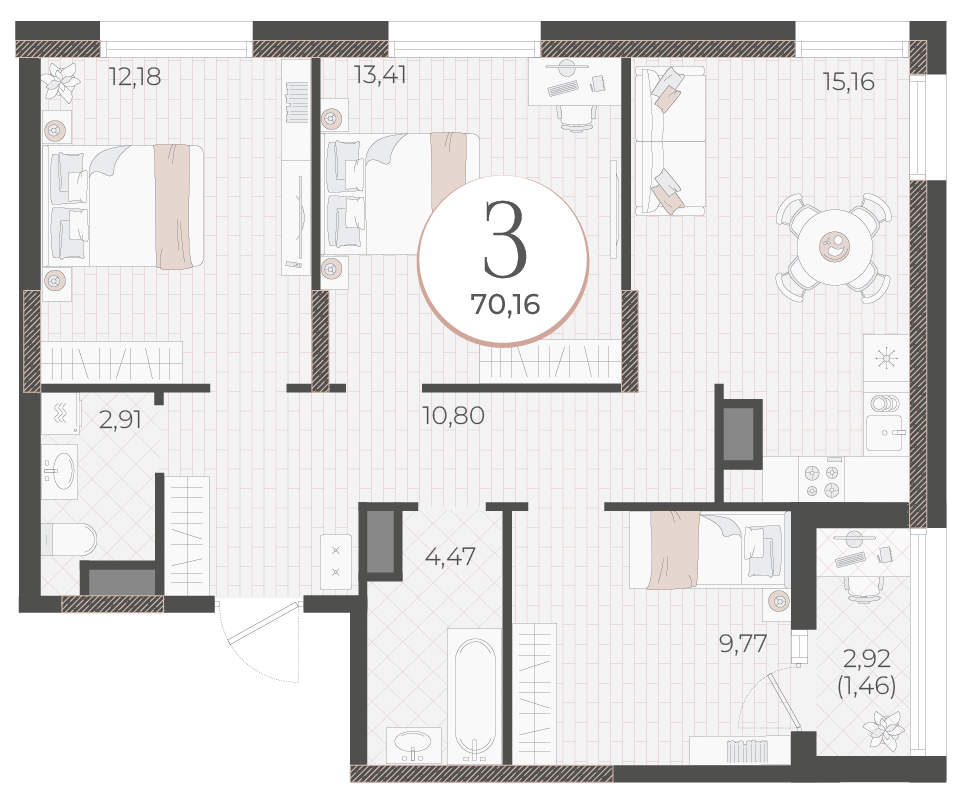 Планировка 3-комнатная 70,16 м²