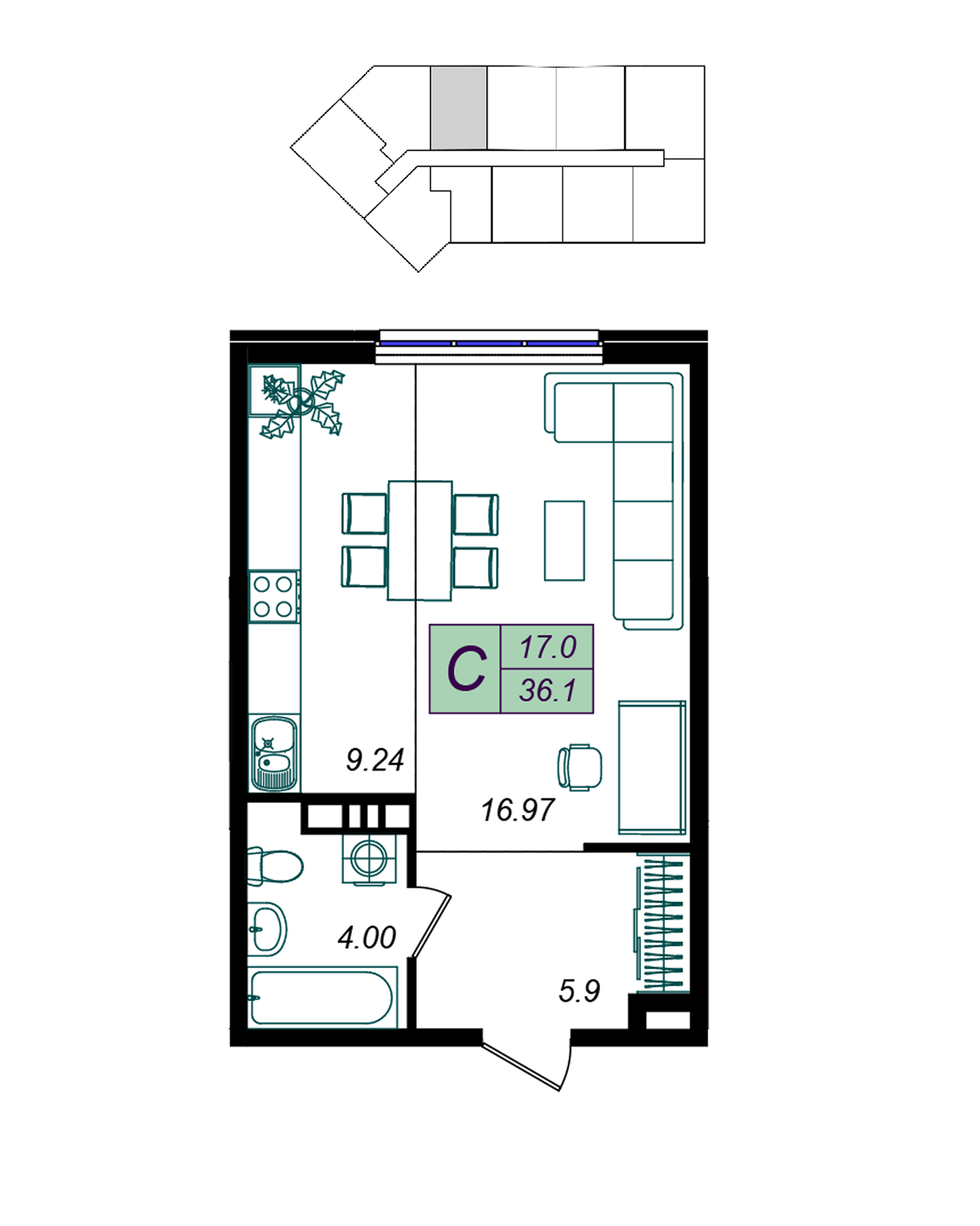Планировка: Студия 36,1 м²