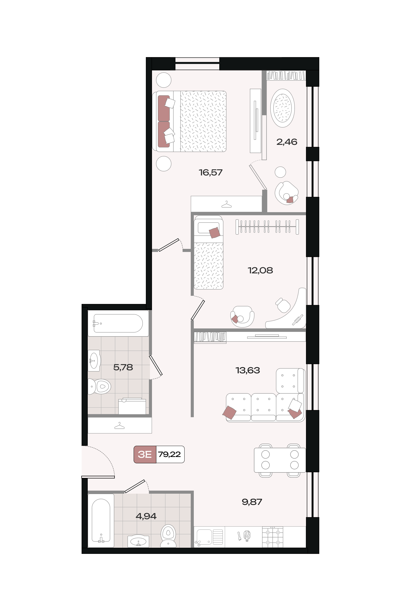 Планировка 3-комнатная 79,22 м²