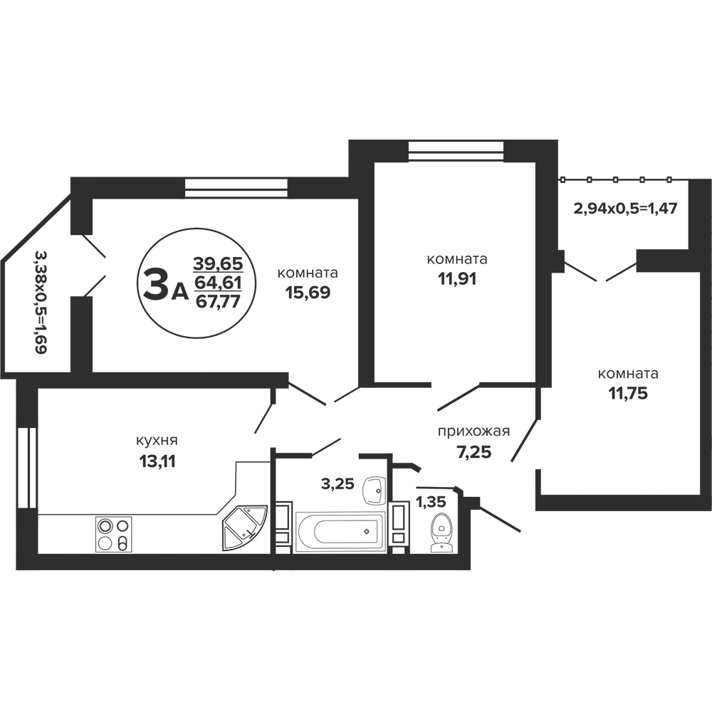 Планировка: 3-комн. квартира 68,6 м²