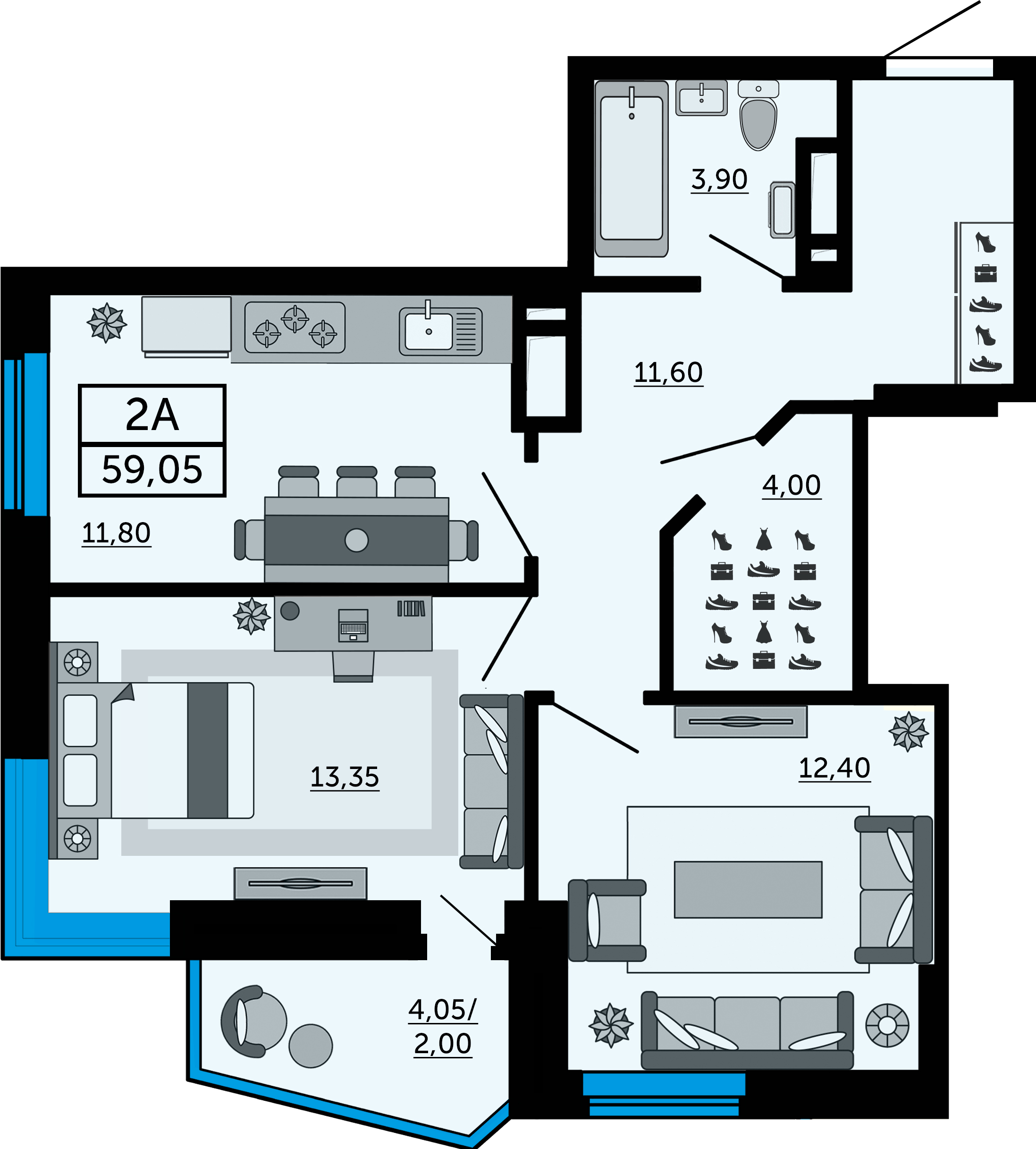 Планировка 2-комнатная 59,05 м²