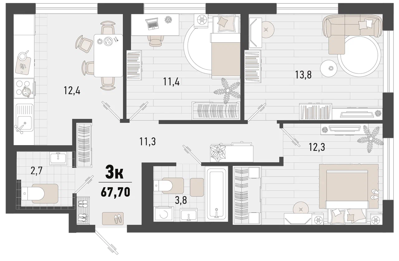 Планировка 3-комнатная 67,7 м²