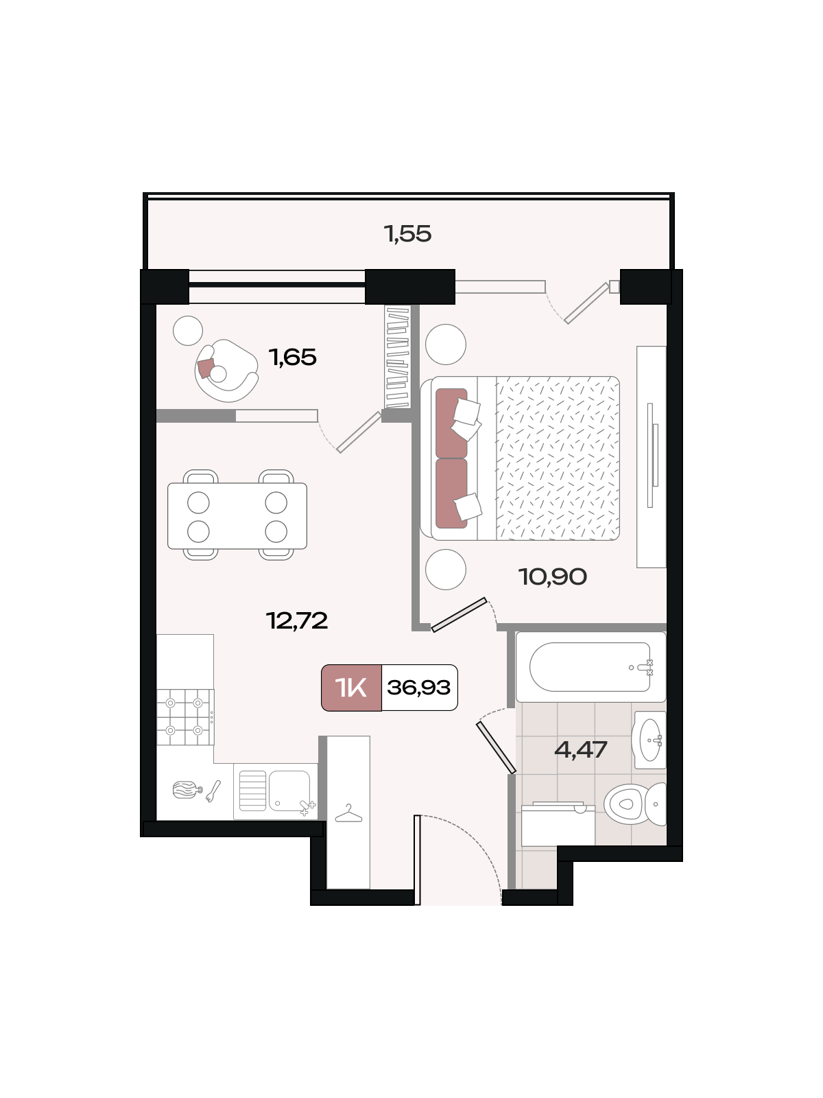 Планировка: 1-комн. квартира 36,9 м²