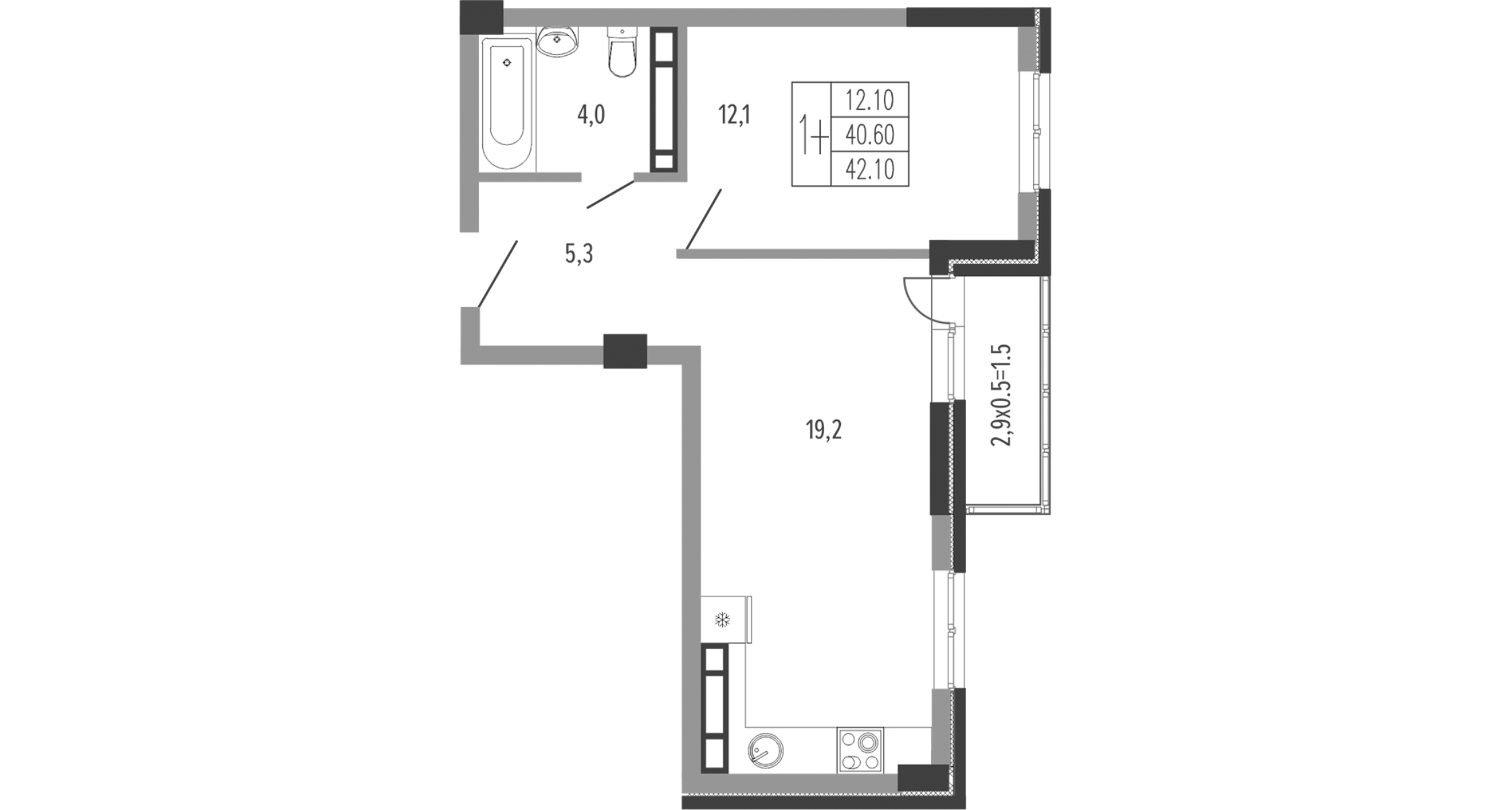 Планировка 1-комнатная 43,15 м²