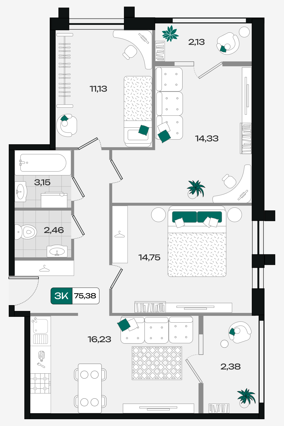 Планировка: 3-комн. квартира 75,4 м²