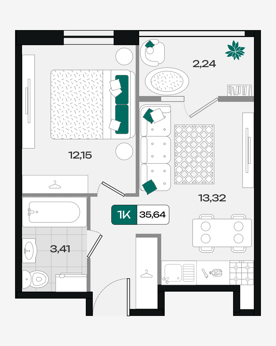 Планировка: 1-комн. квартира 35,6 м²