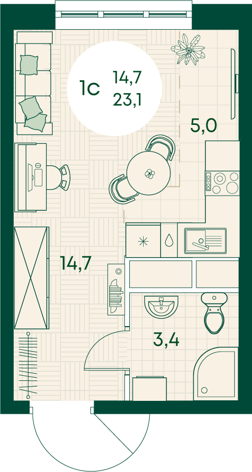 Планировка Студия 23,1 м²
