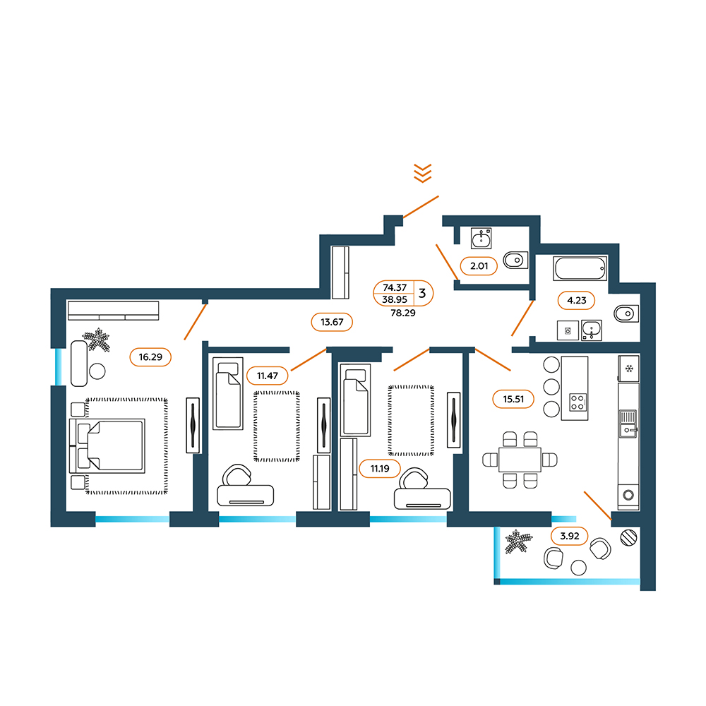 Планировка: 3-комн. квартира 79,4 м²