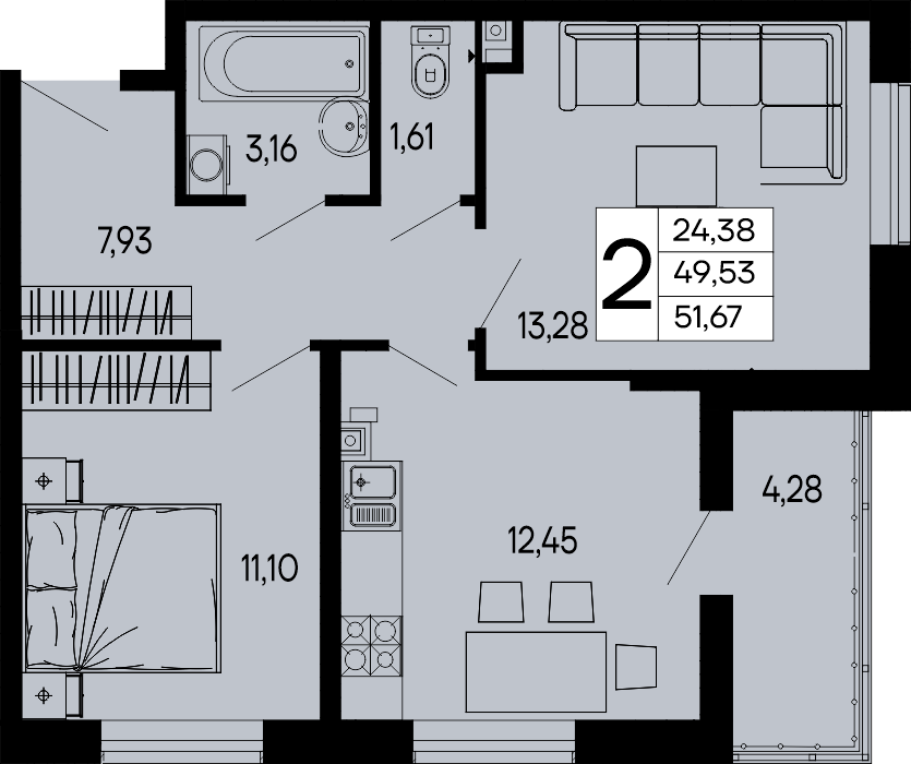 Планировка: 2-комн. квартира 51,7 м²
