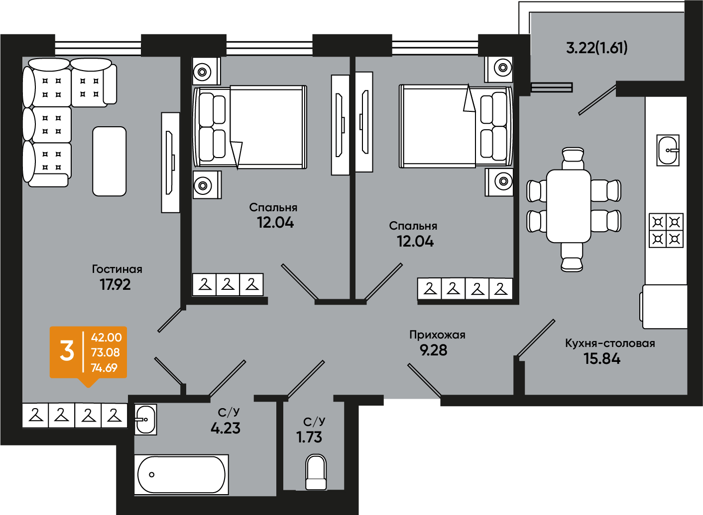 Планировка: 3-комн. квартира 73,8 м²