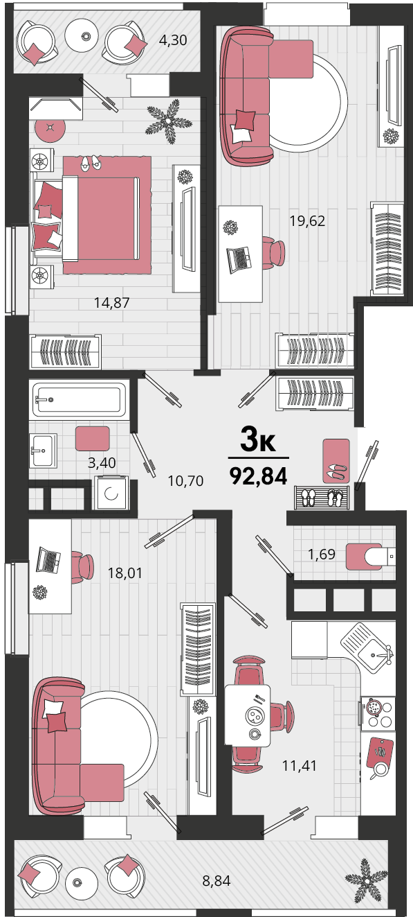 Планировка 3-комнатная 92,84 м²